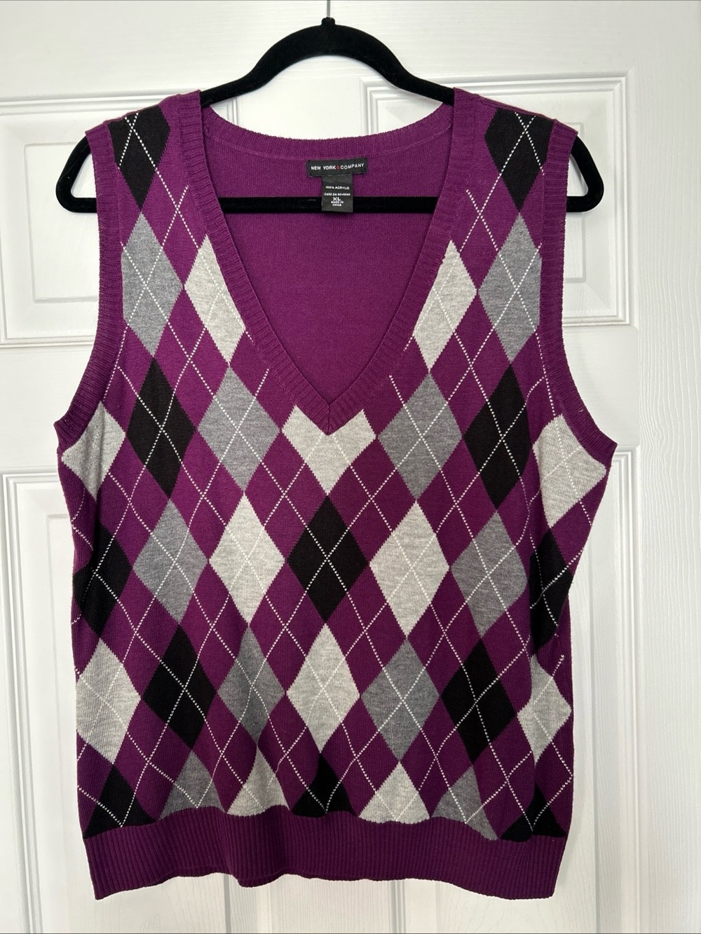 New York & Company Purple Argyle V-Neck Sweater Vest XL